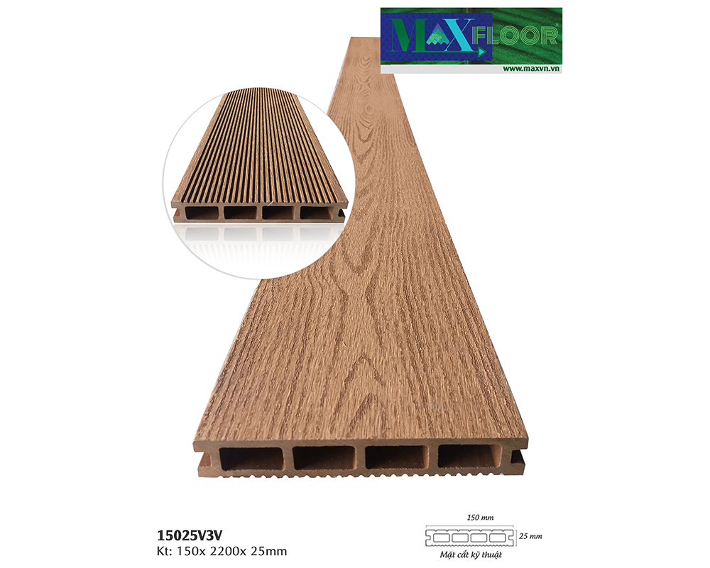 Sàn gỗ nhựa ngoài trời lỗ chữ nhật vân gỗ 2D